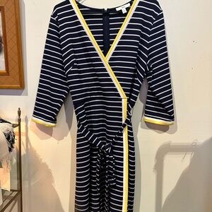 1901 Navy and White Striped Dress with Yellow Trim